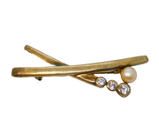 Sterling Silver Gilt, Pearl & Paste Crossover Brooch Vintage c1980