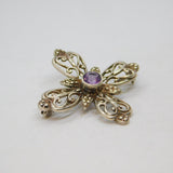 Sterling Silver Amethyst Floral Pattern Cross Brooch Pin Contemporary c1990