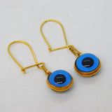 14ct Yellow Gold & Glass Blue Eye Drop Hook Earrings Vintage c1970