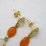 Sterling Silver Gilt, Moonstone & Carnelian Drop Stud Earrings Vintage c1990s