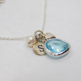 Sterling Silver 'S' Initial, Blue Crystal, Pearl & Heart Charm Pendant c2010