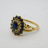 9ct Yellow Gold, Blue Sapphire & Spinel Floral Cluster Ring Vintage London