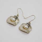 Pair of Sterling Silver Pearl Set Square Studio Hook Drop Earrings Modern c1990