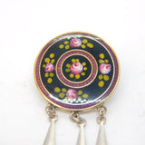 Art Deco Silver Plated & Guilloche Enamel Floral Drop Brooch Antique c1920s