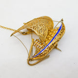 Maltese Sterling Silver Gilt & Enamel Sailing Ship Brooch Antique c1930