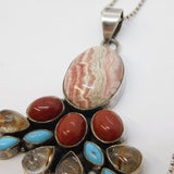 Sterling Silver Large Coloured Hardstone Set Floral Pendant Necklace Vintage
