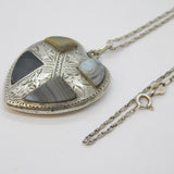 19th Century Sterling Silver 'Pebble' Agate Heart Pendant Necklace Antique c1880