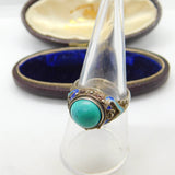 Chinese Sterling Silver Turquoise & Enamel Statement Ring Antique c1940 Deco