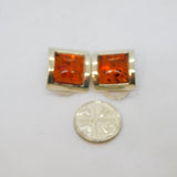 Pair of Sterling Silver Baltic Amber Curved Clip-On Earrings Vintage c1970