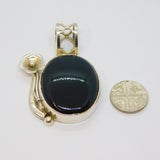 Sterling Silver Large Oval Black Onyx Agate & Flower Charm Pendant Vintage c1970