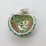 Sterling Silver, Emerald & Ruby Set Starburst Heart Pendant Vintage c2000s