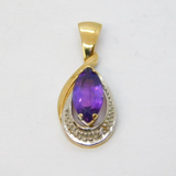 9ct Yellow Gold, Amethyst & Diamond Set Drop Pendant Vintage c1980