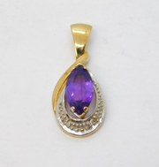 9ct Yellow Gold, Amethyst & Diamond Set Drop Pendant Vintage c1980