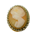 Victorian Gold Plated, Seed Pearl, Shell Cameo Brooch Pendant Antique c1890
