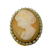 Victorian Gold Plated, Seed Pearl, Shell Cameo Brooch Pendant Antique c1890