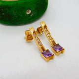 9ct yellow Gold, Amethyst & Spinel Set Drop Stud Earrings Vintage c1980
