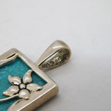 Sterling Silver, Turquoise Mosaic Floral Drop Pendant Vintage c1990s