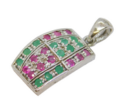 Sterling Silver, Natural Emerald & Ruby Drop Pendant Vintage c1990s