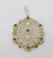 Sterling Silver, Topaz & Pearl Antique Style Floral Drop Pendant Vintage