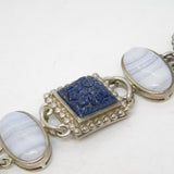 Sterling Silver, Pearl, Blue Lace Agate & Quartz Panel Bracelet Vintage c1980