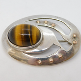 Studio Jewellery Sterling Silver, Gold & Tiger's Eye Brooch Vintage 1988 London