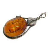 Sterling Silver Large Leaf Pattern Baltic Amber Drop Pendant Vintage c1970