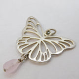 Sterling Silver Butterfly Rose Quartz Drop Pendant Vintage c1970
