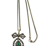935 Silver Marcasite & Green Paste Bow & Peardrop Necklace Antique c1920's