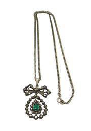 935 Silver Marcasite & Green Paste Bow & Peardrop Necklace Antique c1920's