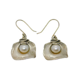 Pair of Sterling Silver Pearl Set Square Studio Hook Drop Earrings Modern c1990