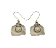 Pair of Sterling Silver Pearl Set Square Studio Hook Drop Earrings Modern c1990