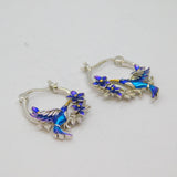 Pair of Sterling Silver Colourful Enamel Hummingbird Hoop Earrings Modern c1990