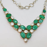 Sterling Silver 14 Faceted Raw Emerald & Pearl Collar Necklace Modern c1990s