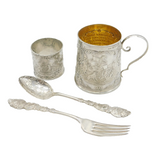 Victorian Sterling Silver Nursery Rhyme Christening Set Antique Birmingham