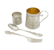 Victorian Sterling Silver Nursery Rhyme Christening Set Antique Birmingham