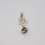Sterling Silver Ohm Symbol & Amethyst Cabochon Drop Charm Pendant Vintage c1970