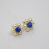 Pair of Sterling Silver Pearly & Blue Bead Flower Stud Earrings Vintage c1990