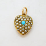 Victorian 14ct Gold Pave Set Pearl & Turquoise Puffy Heart Locket Pendant c1890s