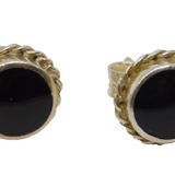 Pair of Sterling Silver Black Enamel Round Patterned Stud Earrings Vintage c1970