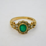 9ct Yellow Gold, Emerald & Diamond Floral Engagement Ring Vintage Birmingham