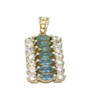 Sterling Silver Blue Topaz & CZ Oblong Drop Pendant Contemporary c2000s