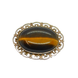 Sterling Silver Oval Tiger's Eye Patterned Edge Brooch Pin Vintage c1970