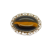 Sterling Silver Oval Tiger's Eye Patterned Edge Brooch Pin Vintage c1970
