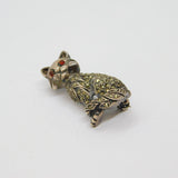 Sterling Silver Marcasite & Red Crystal Cat Deco Style Brooch Pin Modern c1990