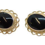 Pair of Sterling Silver Black Onyx Agate Oval Large Stud Earrings Vintage c1970