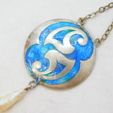 Art Nouveau Sterling Silver, Enamel & Pearl Lavalier Drop Pendant Antique