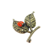 Sterling Silver Marcasite & Enamel Ladybird Leaf Form Spray Brooch Antique c1930