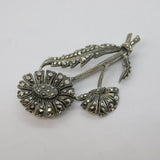 Art Deco Sterling Silver & Marcasite Set Floral Dress Brooch Antique c1930s