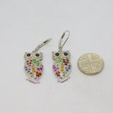 Pair of Sterling Silver Multi-Colour Gemstone Owl Drop Earrings Vintage c1990