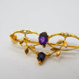 Edwardian 9ct Gold, Amethyst & Seed Pearl Lavalier Brooch Antique c1910